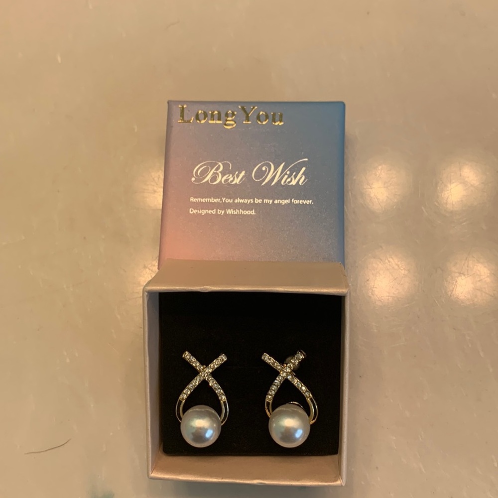 Pearl earrings, gold over silver, rhinestone accents